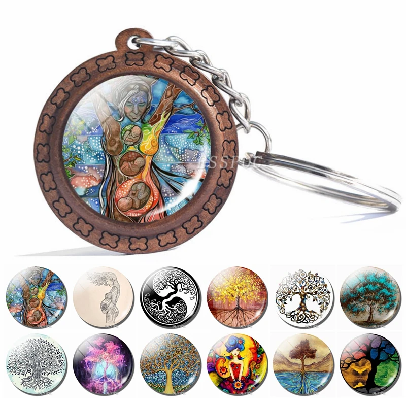 

Artistic Tree of Life Keychain, Photo Print Glass Cabochon Wooden Keychain, Tree of Life Jewelry, Wood Key Holder, Birthday Gift