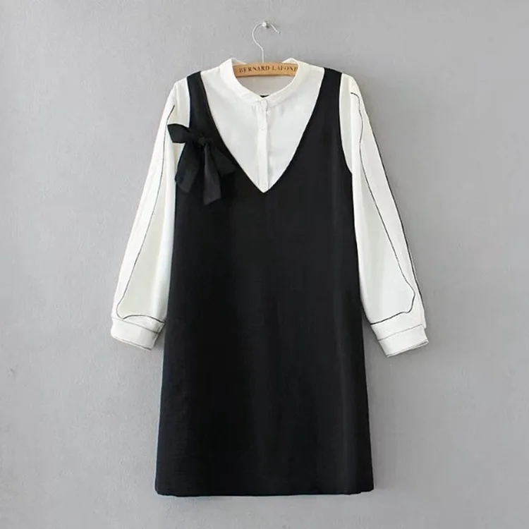 

plus size XL-3XL women White Black dresses big sizes Autum plus size women clothing False Two-pieces Chiffon Dress