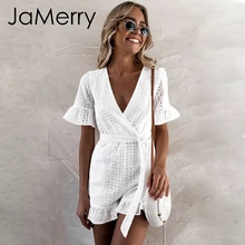 JaMerry сексуальный белый кружевной комбинезон с вышивкой, женский комбинезон с оборками, праздничный пляжный костюм в стиле бохо, элегантный пляжный комбинезон с поясом