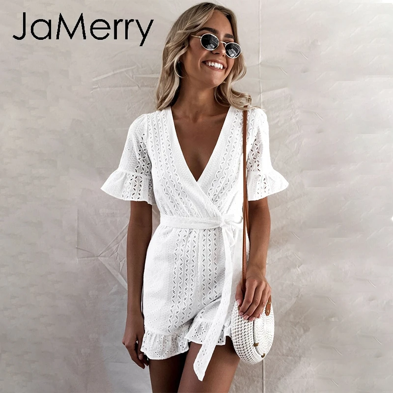 

JaMerry Sexy white lace embroidery jumpsuit romper women Ruffled hollow out boho holiday playsuit Elegant beach sashes jumpsuit