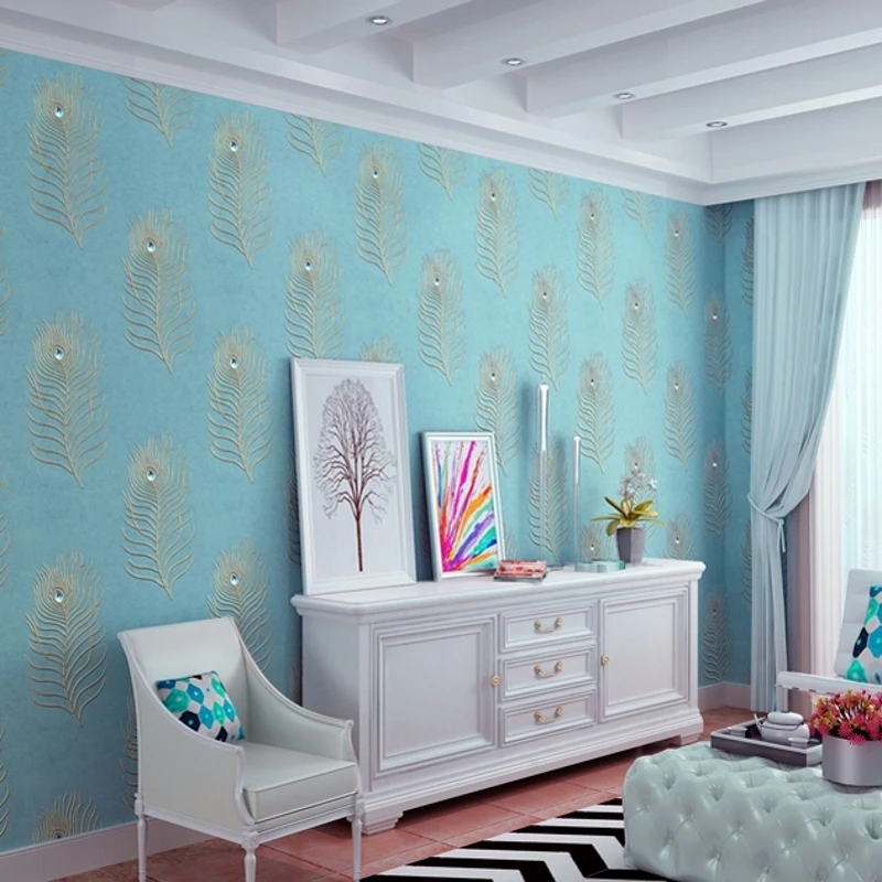 beibehang embroidery wallpaper Continental 3D drilling non - woven peacock blue feather bedroom living room TV background wal