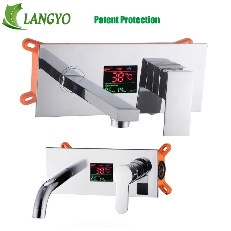 LANGYO LED/LCD الحائط شاشة ديجيتال الحمام وحيد مقبض صنبور كروم النحاس صنبور الغرور بالوعة صنبور حوض خلاط FreeShipping
