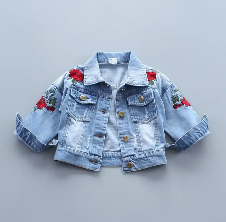 

Girls denim jacket jacket 2019 spring autumn new children's wear rose embroidered children's denim