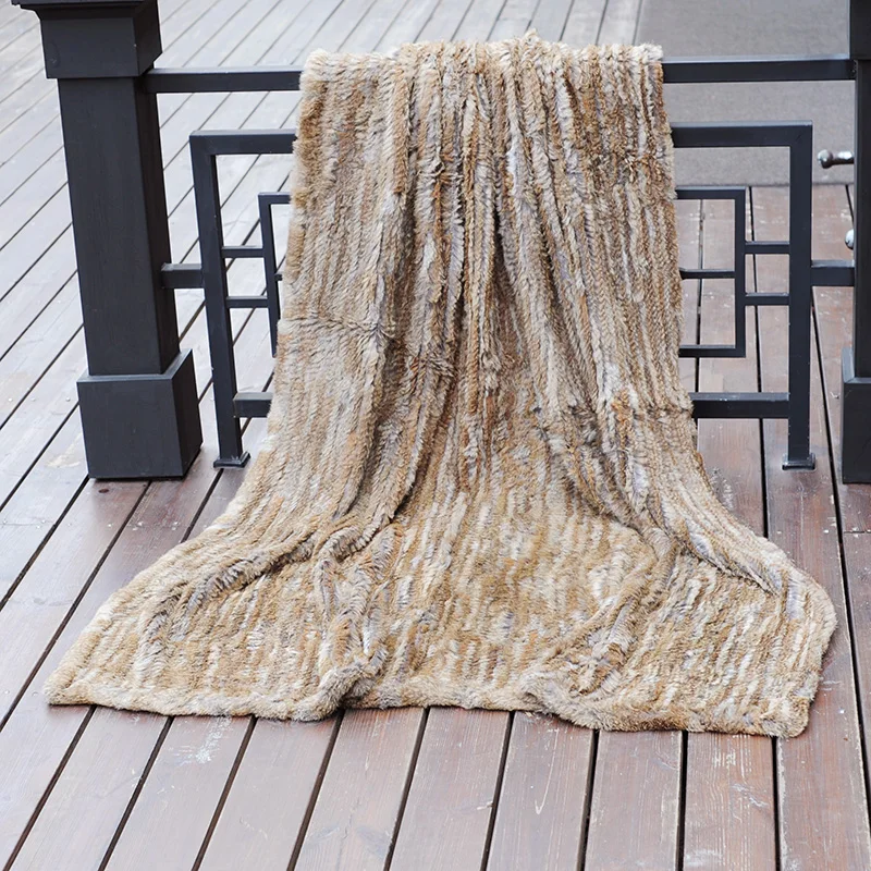 

CX-D-10B Natural Brown Fashion Knit Rabbit Fur Throw Blanket ~ DROP SHIPPING