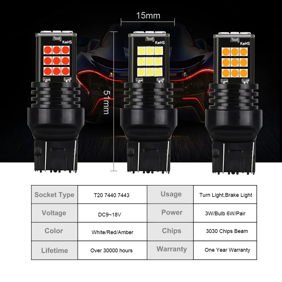 ANMINGPU 2х сигнальная лампа 7443 Led W21/5 w w21w Wy21w сигнал поворота тормозной светильник T20 7440 Led 24 SMD 3030 задний светильник заднего хода для автомобиля