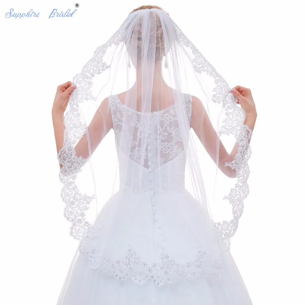 Сапфировые Свадебные вуали для невесты, Новое поступление, Потрясающие Свадебные вуали с кружевным краем Velo De Novia, цвет белый, слоновая кость, винтажные вуали для невест, Лидер продаж