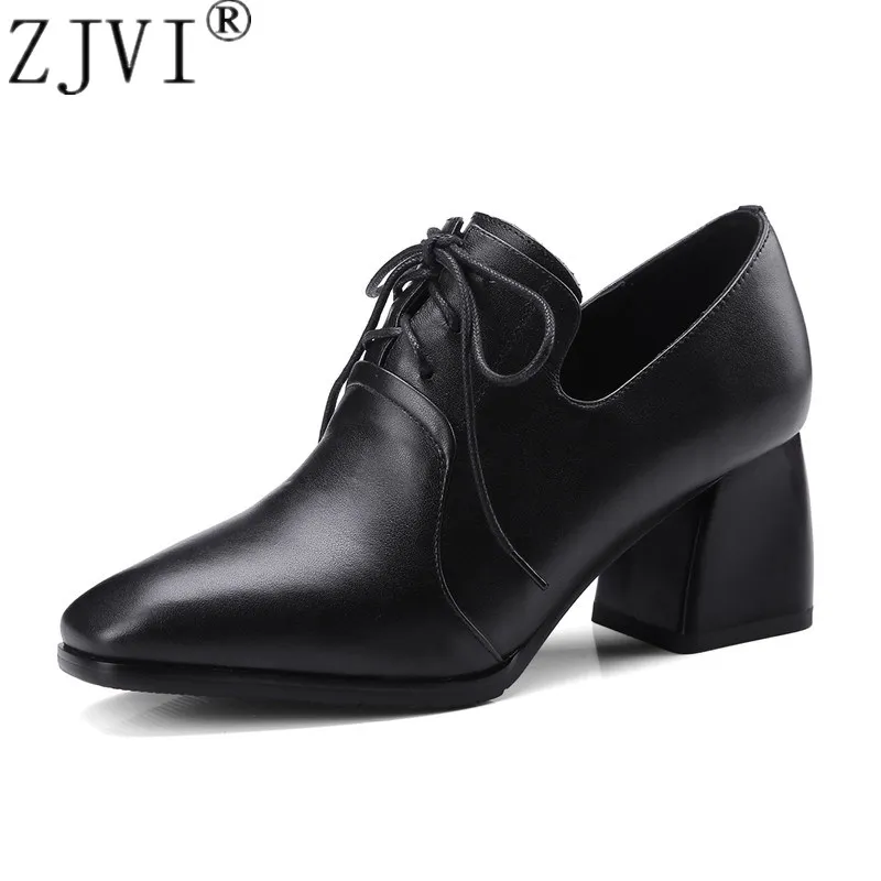 Primavera 2019 Cuadrado Pie Trabajo Damas De Otoño Las Tacones Moda Zjvi Negro Del Mujeres Zapatos Y Cuero Encaje Dedo Mujer Genuino Alta ATaqXxv