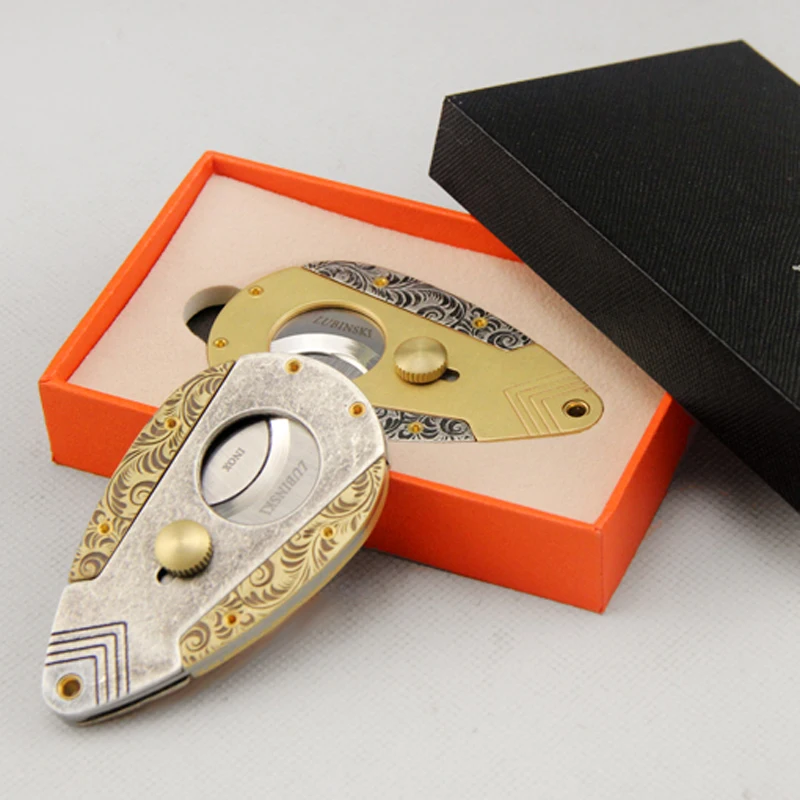 Luxury Stainless Steel Retro Style Slide Rail Sharp Golden&Silvery Cigar Knife Cigar Cutter W/ Gift Box