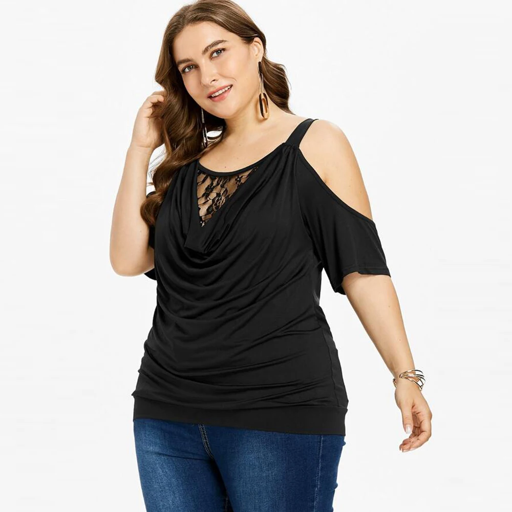 

Fashion Short Sleeve Sexy Lace Hollow Out Off Shoulder Top Women 5XL camisetas verano mujer Plus Size T Shirt Women top D30