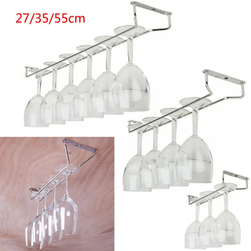 27/35/55cm Stainless Steel Kitchen Home Supplies Wine Glass Rack Hanging Large Chrome Stemware Holder Under Cabinet