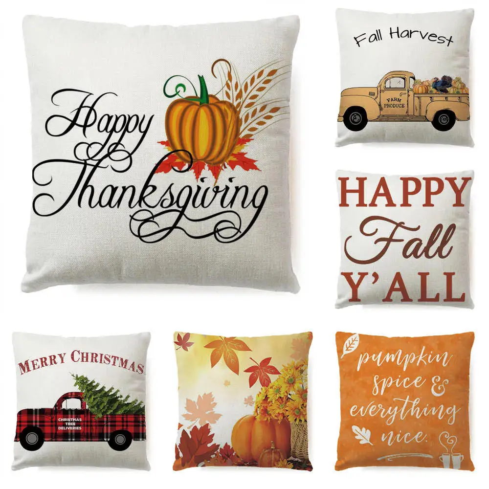 

Autumn Harvest Pumpkin Truck Pillow Cover Theme Farm Style Flax Pillow Cushion Pillow