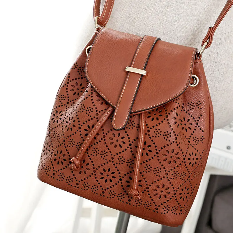 Luxury Hollow Out Shoulder Bags String Women Bucket Bag Designer PU Leather Messenger Bags Women's High Quality Handbags
