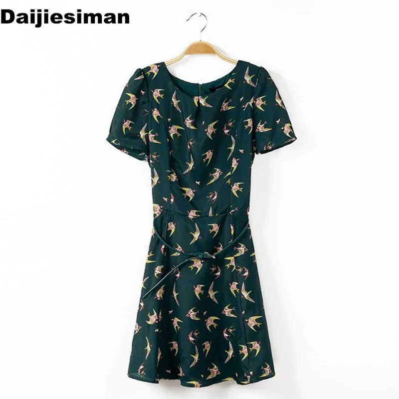 

Sweet Summer European&American Women Birds Prints Short Sleeve High Waist Green Dress Casual Brief With Sashes Dress q201