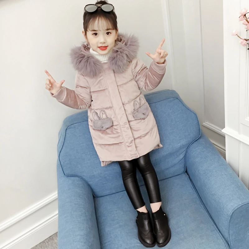 

Childrens Overalls Jacket Gold Velvet Baby Girl Clothes Winter Long Coat Big Fur Collar Thicken Parkas Coats Girls Overcoat