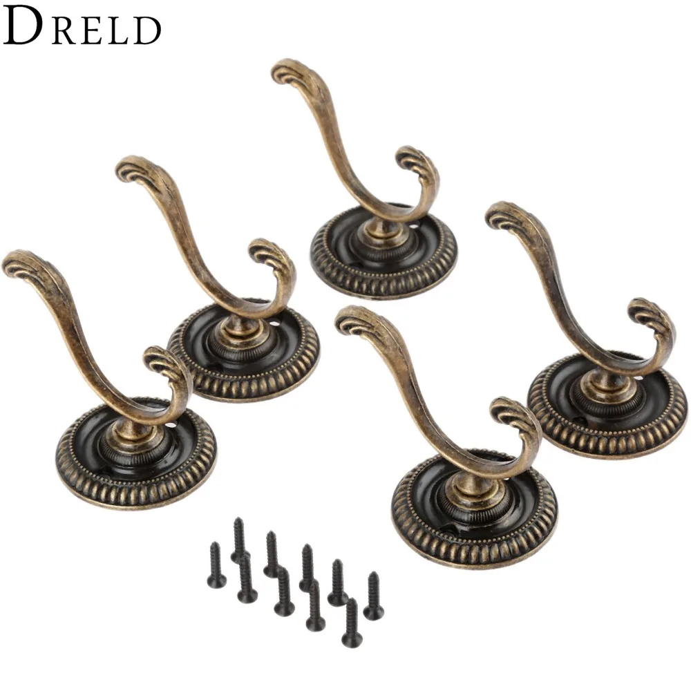 

DRLED 5Pcs Antique Door Hanger Hooks Vintage Bathroom Wall Hanger Hats Bag Keychain Zinc Alloy Hook Coat Wall Hook w/Screw 5.4cm