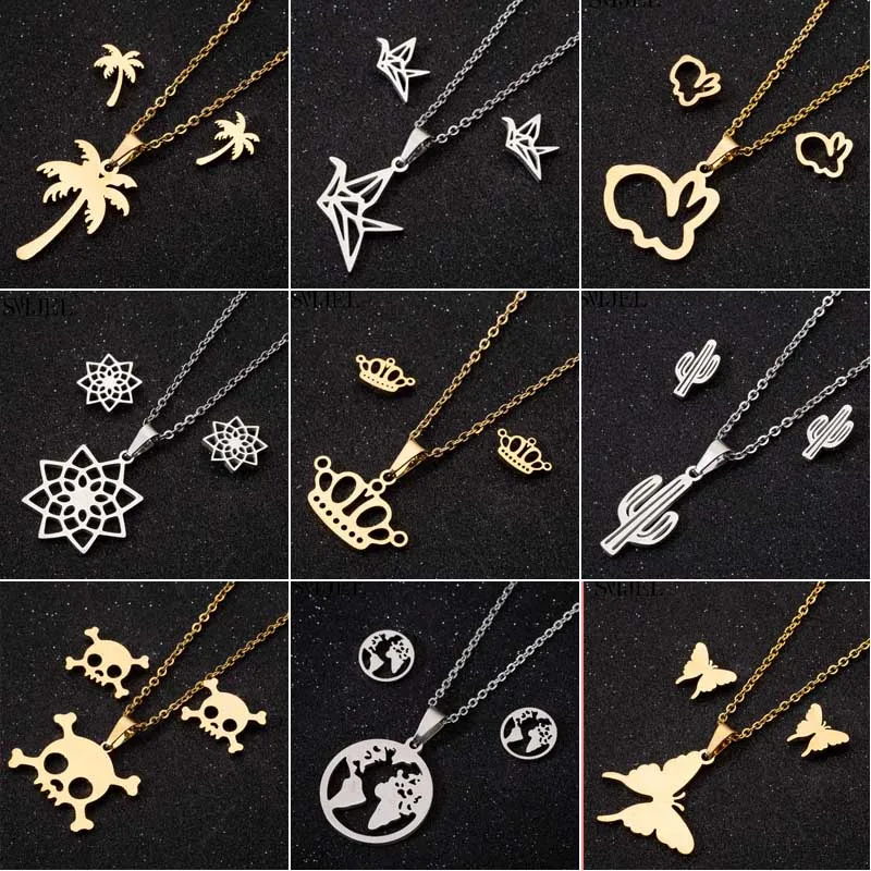 

SMJEL Simple Necklaces for Women Stainless Steel Rose Flower Crane Animal Crown Map Pendant Fashion Statement Jewelry Female New