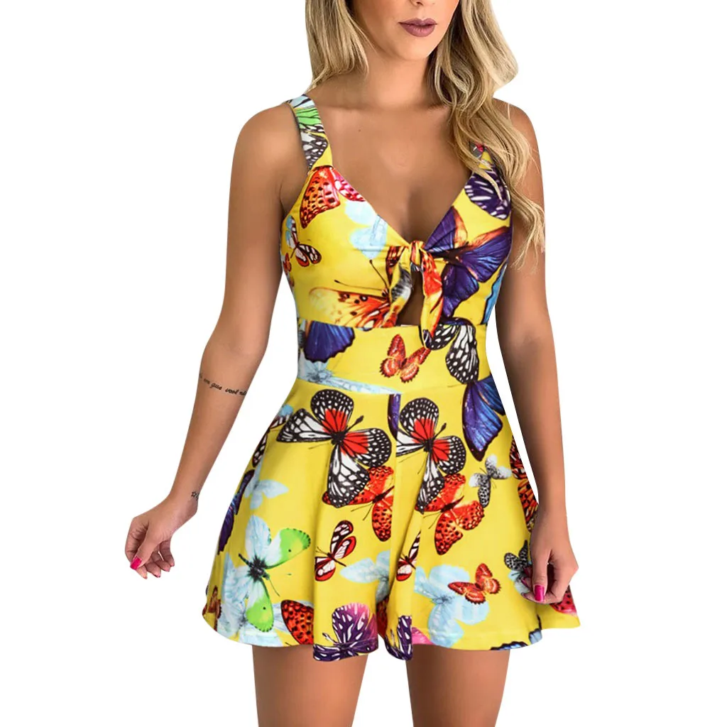 

Holiday Casual Jumpsuits Women Summer Butterfly Printed Sleeveless V-Neck Bow Knot Jumpsuit Losse Playsuit YJJ1