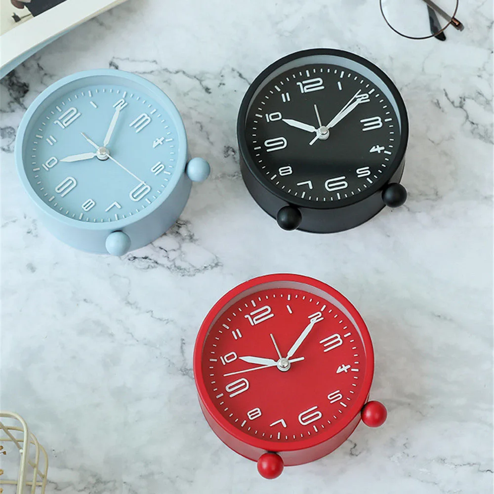 Nordic Mini Cute Circle Metal Alarm Clock Desktop Night Light Wake up Bell Clock Students Home Bedside Mute Needle Get Up Clock