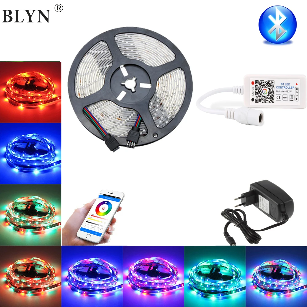 

Smart LED Strip Waterproof 10M 15M Bluetooth RGB Controller RGB Flexible Ribbon Light Sound Music Control DC12V LED Adapter