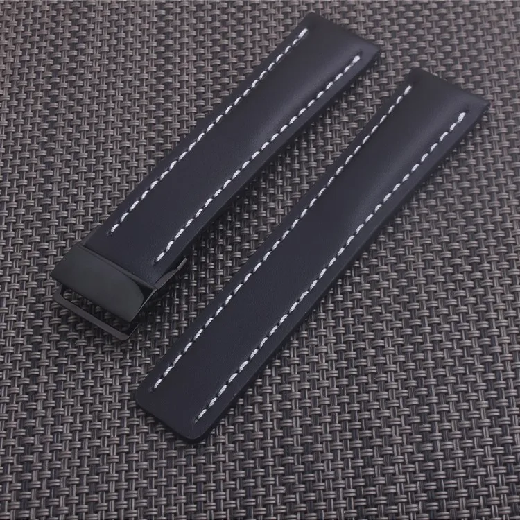 

22mm 24mm Black Genuine Leather Watch Band Strap Bracelet For Breitling