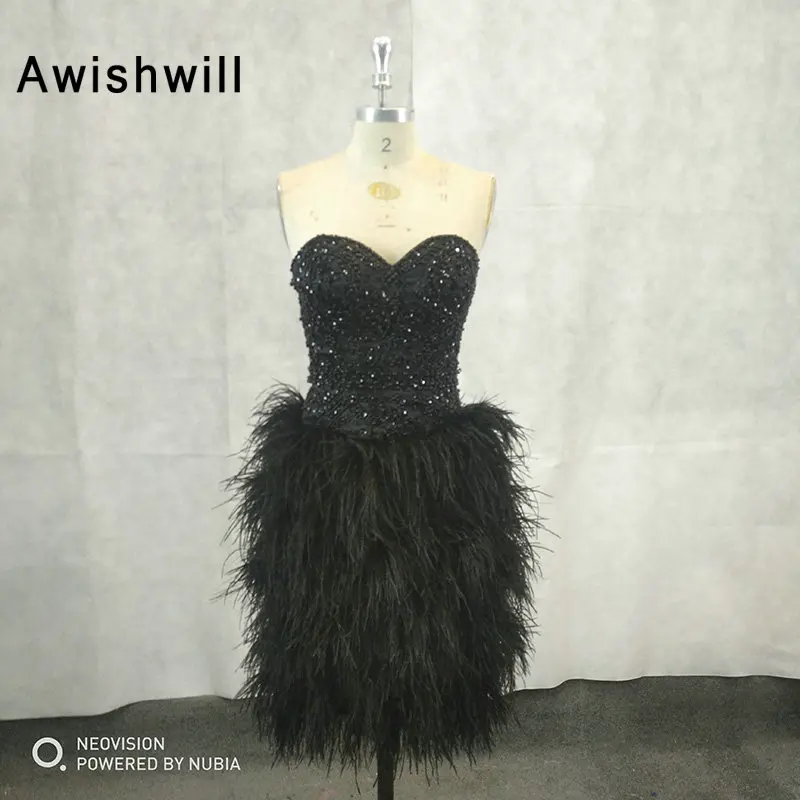 black dress with ostrich feathers