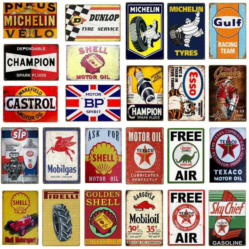 

Vintage Texaco Champion Motor Oil Tin Signs Gulf Motorcycle Car Tyres Metal Poster Garage Shop Gasoline Home Wall Decor