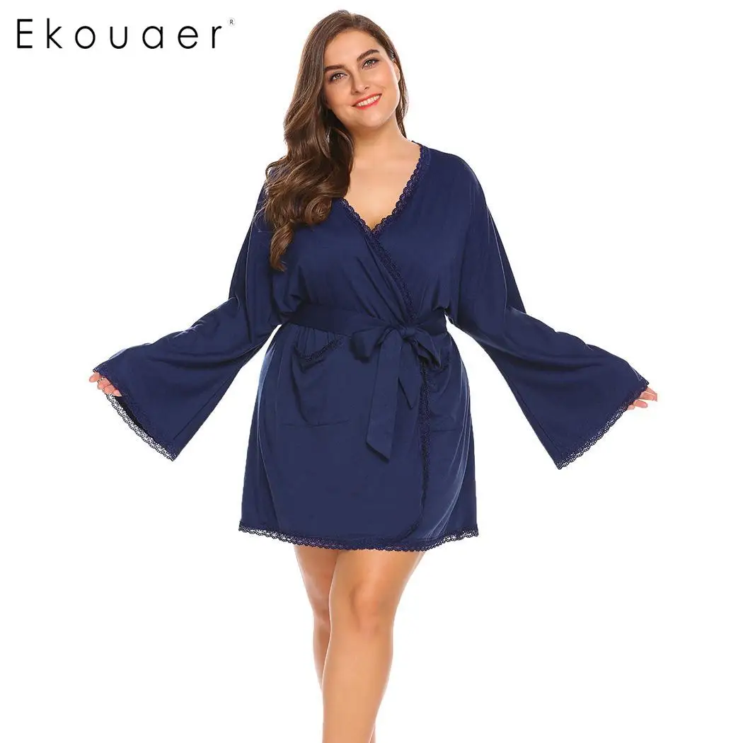 Ekouaer Plus Size Kimono Robe Nightwear Women Batwing Sleeve Lace Trim