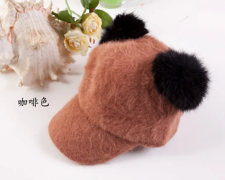 

Cute Children Autumn Winter Hats With Pom poms Panda Ear Baseball Cap For Kids Faux Rabbit Fur Knitted Hat