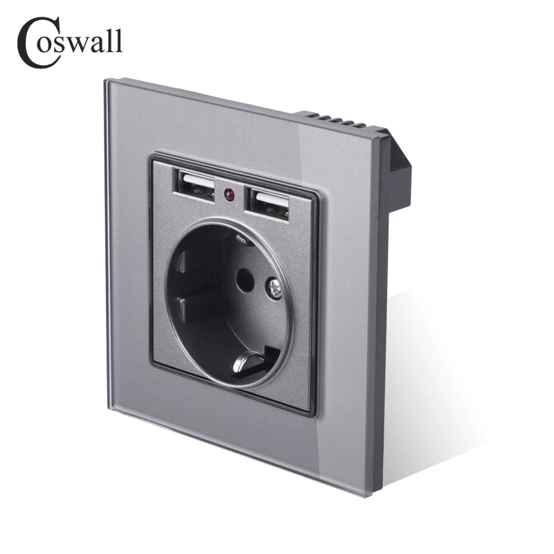 Coswall стеклянная панель двойной USB порт зарядки 2.1A 16A Россия Испания настенная розетка стандарта ЕС с заземлением белый черный золотой серый