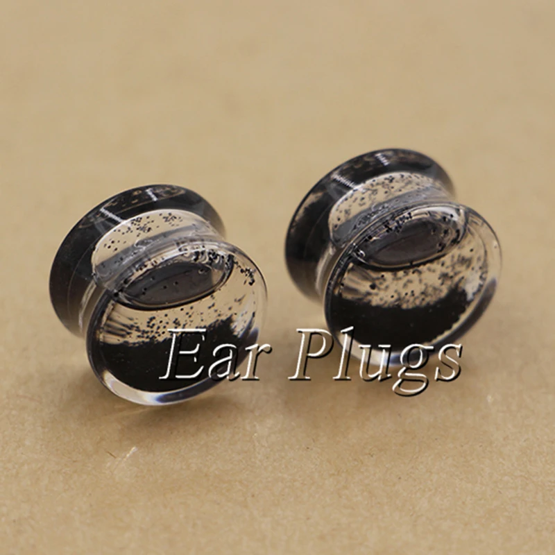 1 pair black glitters ear plug gauges transparent acrylic flesh tunnel