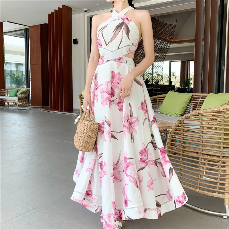 

Summer Bohemia Holiday Long Dress 2019 Runway Women Sexy Backless Bow Hollow Out Maxi Dress Slim Off Shoulder Beach Print Dress