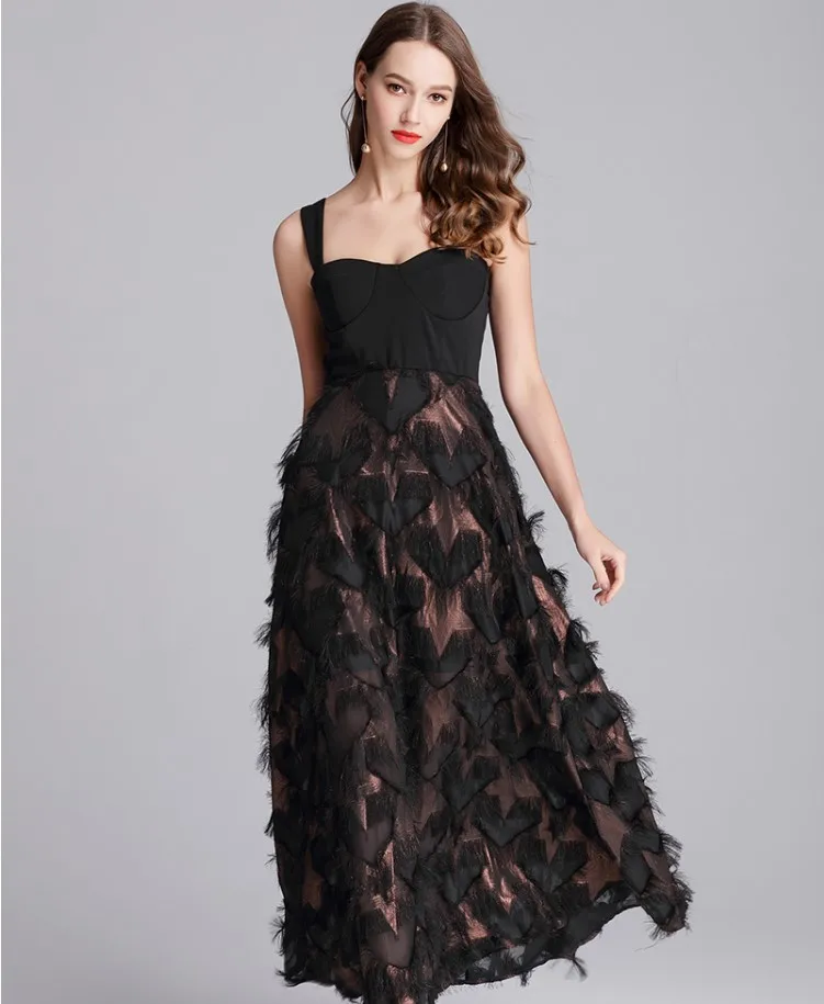 

Hign End Women Vintage Brand Cocktail Party Event Wear Dress Catwalk Slim Big Swing Spaghetti Tank Dress Black