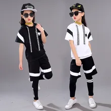 1 комплект, детская одежда в стиле хип-хоп для девочек и мальчиков, толстовки с короткими рукавами Топы, штаны для бега костюмы для джазовых танцев Одежда для бальных танцев