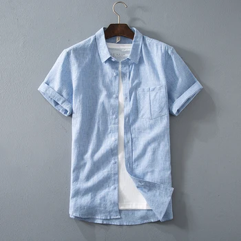 

2019 New Arrival Summer Shirts Men Striped 100% Cotton Linen Short-Sleeved Tops Single Pocket Solid Slim Fit Blouse Male