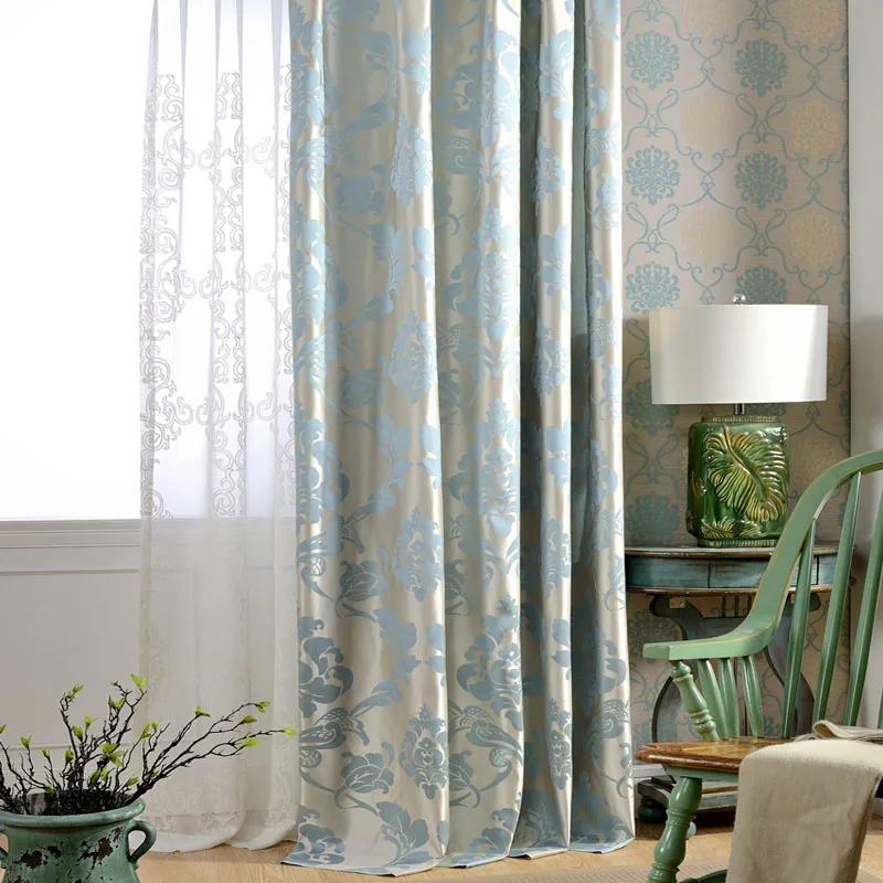 Damask Blue Fabric Curtains for Living Room Jacquard Blackout Luxury