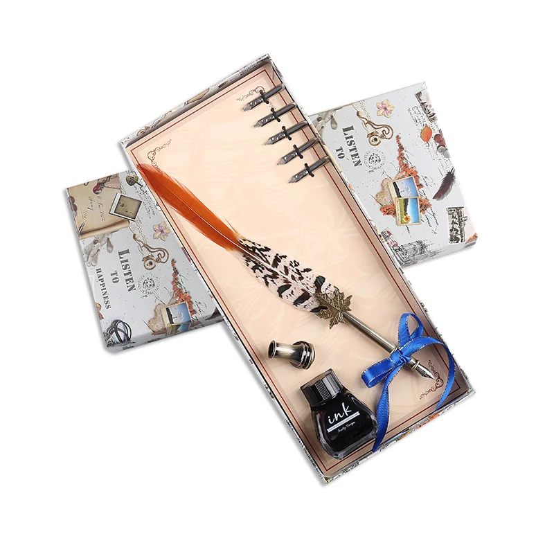 

2019 New European Retro Natural Feather Pen Set Dip Water Founta Pen Gift Box Practical Birthday Gift for Friend Writing Tool
