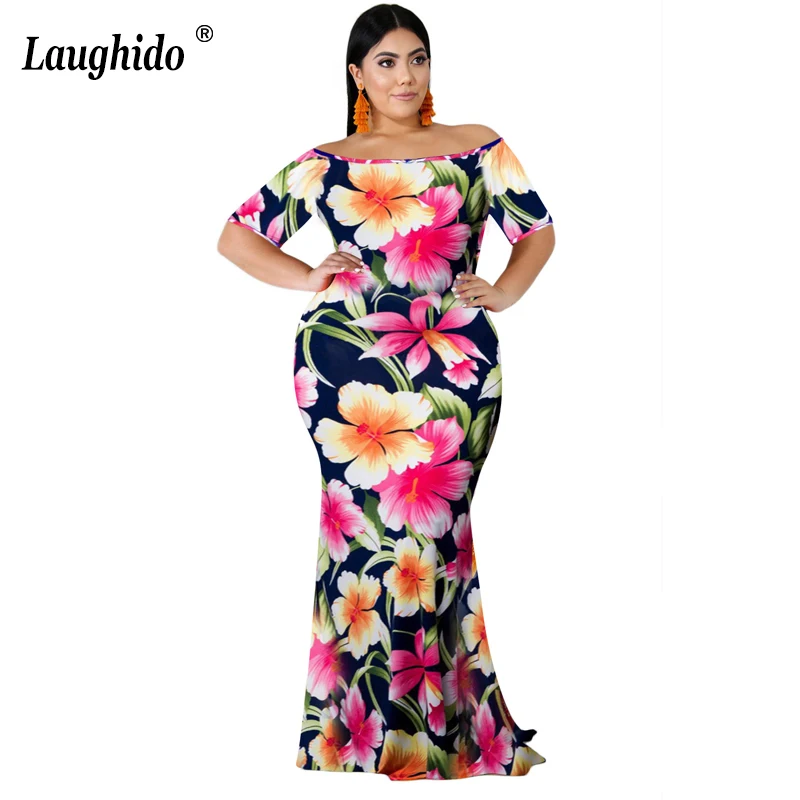 Laughido размера плюс с вырезом лодочкой облегающее Макси женское платье пляжное Бохо с коротким рукавом Vestidos летнее платье с цветочным принтом вечерние платья