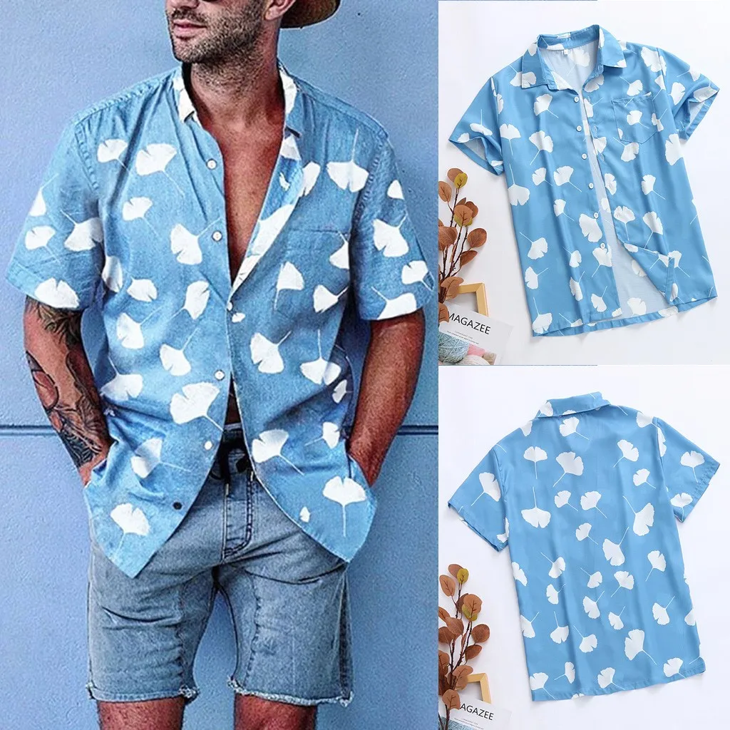 

2019 New Men's Shirts Men's Baggy Beach Print Short Sleeve Button Retro Turn Down Collar Tops Blouses Top