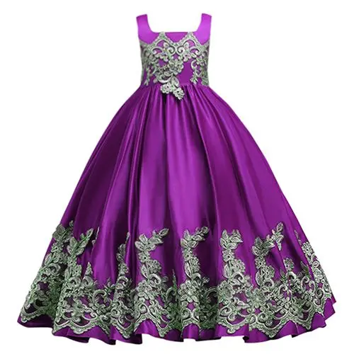 Petites filles/Бордовое платье принцессы для девочек, пышные платья с золотыми аппликациями для девочек, платье на день рождения, платье с цветочным узором для девочек - Цвет: Фиолетовый