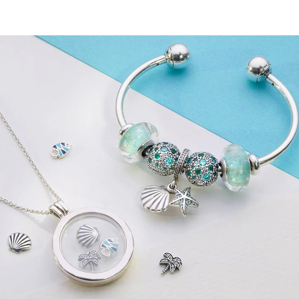 

100% 925 Sterling Silver Fish Coconut Tree Shell Sea Star From Summer Beach Grand Medalion Fluter Colouring Bangle Set Opening