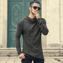 Мужская Осенняя Новинка, европейский стиль, высокий воротник, длинный рукав, с капюшоном, футболка с кепкой, мужская Тонкая Повседневная хлопковая нестандартная футболка T908