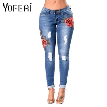 

YOFEAI NEW Jeans Women Fashion High Waist Jeans Female Flower Embroidery Denim Pencil Pants Women Skinny Jeans Plus Size