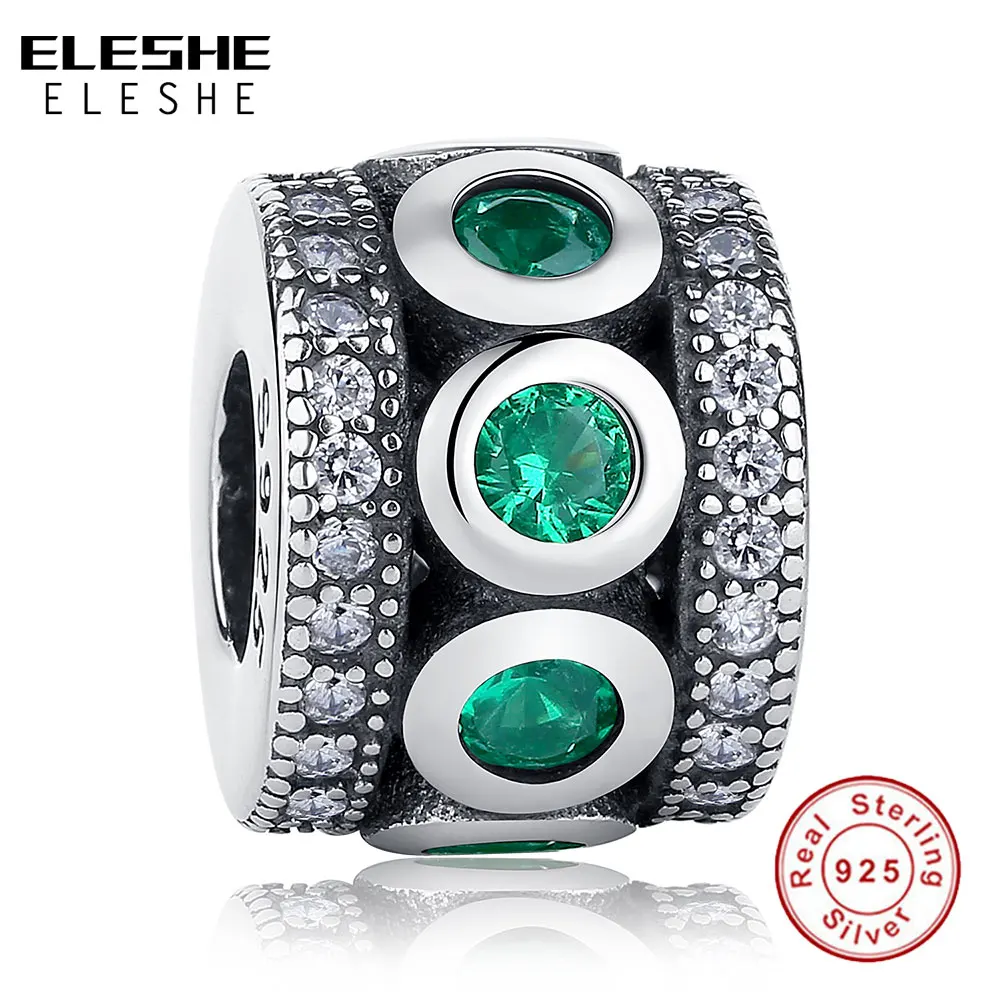 

925 Sterling Silver Shining Path Spacer Beads Green Stone Round Charms fit Bracelets & Bangles Women Fashion Jewelry
