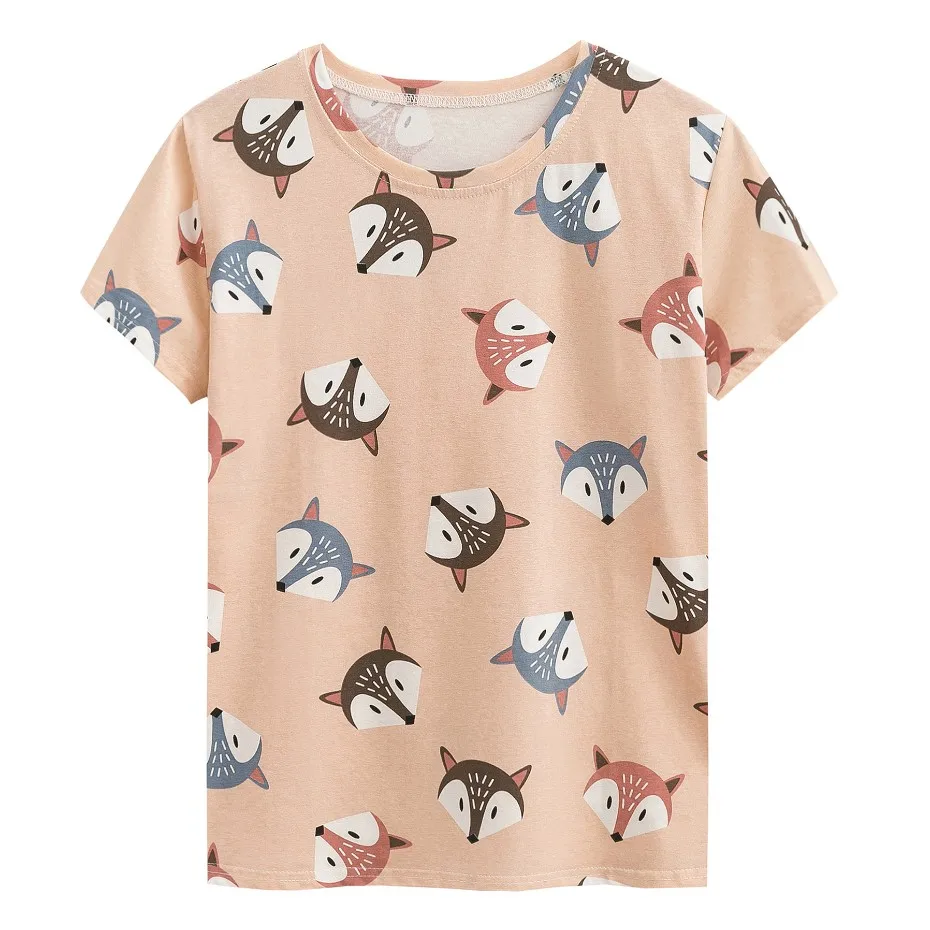 JKKUCOCO High quality Cotton T-shirt Fox Print Casual t shirt Women Shirt Short Sleeve Summer tees Newest Women Tops tee 3 Color