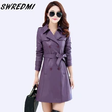 SWREDMI двубортный тонкий женский длинный кожаный Тренч с поясом, Офисная женская кожаная одежда, модные осенние кожаные пальто из замши