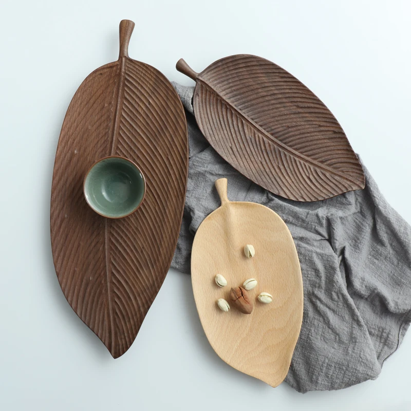 

Japanese style black walnut leaves original handmade wooden snack plate fruit plate leaves creative wood tea tray