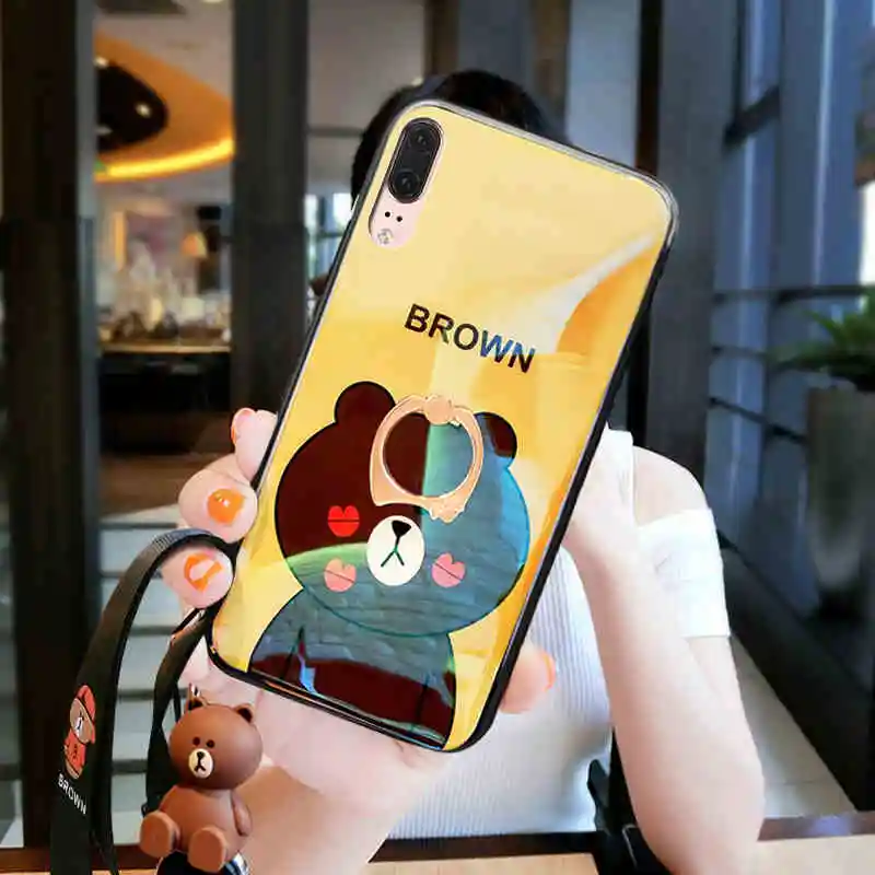 For Huawei nova3e cute bear phone case blue ray anti-knock silicone soft back cover+2 straps +tempered glass screen protector