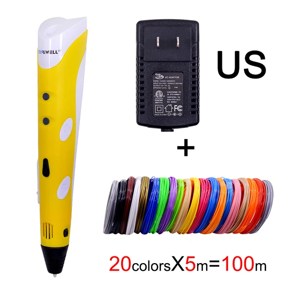 Yellow US Myriwell 3D ручка Магия DIY 3D-принтеры печать Ручка с Base/Мощность адаптер/100 м 1,75 мм ABS нити для детей Дизайн живопись - Цвет: Yellow US