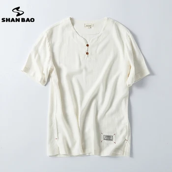 

Men's cotton linen V-neck button short-sleeved t-shirt 2020 summer thin section loose large size high quality casual t-shirt