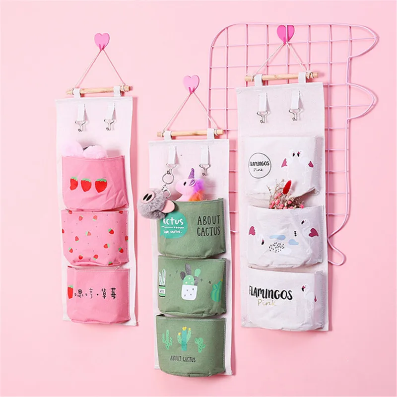 

Cute Pattern Cotton Linen Hanging Storage Bag 3 Pockets 7 Pockets Wall Mounted Wardrobe Hang Bag Bedroom Cosmetic Toys Organizer